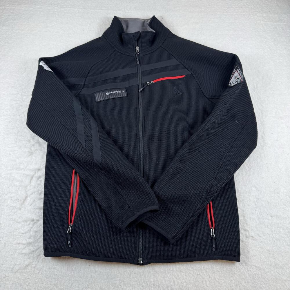 Spyder Ski Jacket Mens Size M Black Full Zip Fleece Lined Racing Team Patch